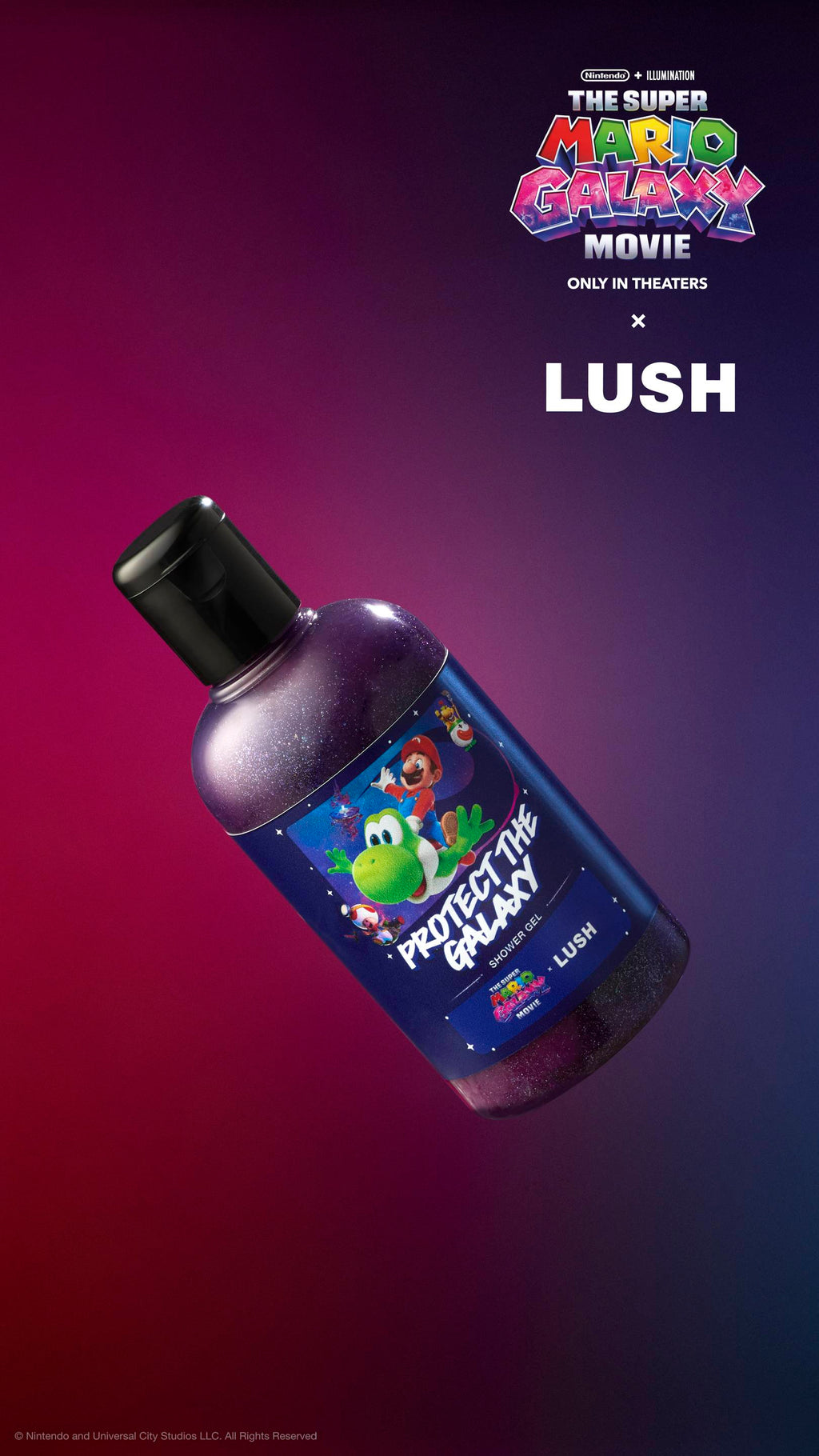 Shimmering dark purple shower gel bottle with a label featuring Mario riding Yoshi. "The Super Mario Galaxy Movie x LUSH" logos appear on a purple and red gradient background. All glitter used is plastic-free.
