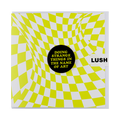 A Square greetings card with a warped white and neon green checkered design. A black badge sits in the centre with green text that reads "Doing Strange Things In The Name Of Art".