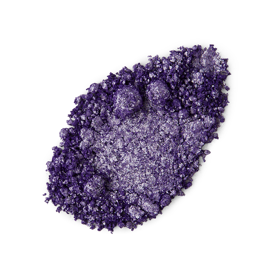 Little Sparkler Glitter Crumble. A neatly smudged swatch of crumbly, shimmering, violet-purple, metallic eyeshadow.